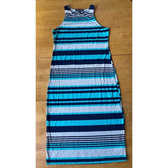 One Clothing Turquoise Blue Striped Tube Tank Maxi Stretch Dress, Size L - Picture 2 of 7
